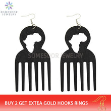 Load image into Gallery viewer, SOMESOOR Big Engraved Afro Ethnic Comb Design Wooden Drop Tribal Earrings With Hollow African Map Pattern For Black Women Gifts