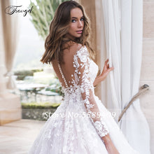 Load image into Gallery viewer, Traugel Scoop A Line Lace Wedding Dresses Elegant Applique Long Sleeve Button Bride Dress Cathedral Train Bridal Gown Plus Size