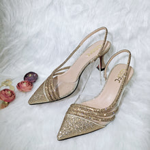 Load image into Gallery viewer, QSGFC Gold Comfortable Streamline Pointed Stiletto Noble Ladies Shoe Matching Lace Bag Wedding And Friend Party Sandals