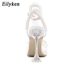 Load image into Gallery viewer, Eilyken Elegant Wedding Bride Shoes Women Fashion Pearls Bowtie Summer Square Toe Sandals PVC Transparent Crystal Perspex Heels