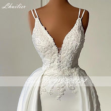 Load image into Gallery viewer, Lhuilier Elegant V Neck Mermaid Satin Wedding Dresses Sleeveless Floor Length Beaded Bridal Gowns with Detachable Train