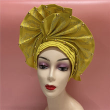 Load image into Gallery viewer, High Quality African Sego Gele Headtie Nigerian Headwear With Stone Beads Finished Auto Turban Wide Brim Headwear For Women 2368
