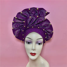 Load image into Gallery viewer, High Quality African Sego Gele Headtie Nigerian Headwear With Stone Beads Finished Auto Turban Wide Brim Headwear For Women 2368
