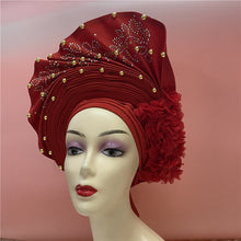 Load image into Gallery viewer, High Quality African Sego Gele Headtie Nigerian Headwear With Stone Beads Finished Auto Turban Wide Brim Headwear For Women 2368