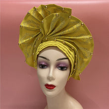 Load image into Gallery viewer, High Quality African Sego Gele Headtie Nigerian Headwear With Stone Beads Finished Auto Turban Wide Brim Headwear For Women 2368
