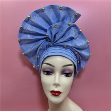 Load image into Gallery viewer, High Quality African Sego Gele Headtie Nigerian Headwear With Stone Beads Finished Auto Turban Wide Brim Headwear For Women 2368