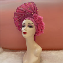 Load image into Gallery viewer, High Quality African Sego Gele Headtie Nigerian Headwear With Stone Beads Finished Auto Turban Wide Brim Headwear For Women 2368