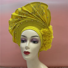 Load image into Gallery viewer, High Quality African Sego Gele Headtie Nigerian Headwear With Stone Beads Finished Auto Turban Wide Brim Headwear For Women 2368