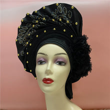 Load image into Gallery viewer, High Quality African Sego Gele Headtie Nigerian Headwear With Stone Beads Finished Auto Turban Wide Brim Headwear For Women 2368