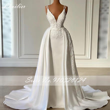 Load image into Gallery viewer, Lhuilier Elegant V Neck Mermaid Satin Wedding Dresses Sleeveless Floor Length Beaded Bridal Gowns with Detachable Train