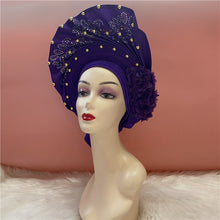 Load image into Gallery viewer, High Quality African Sego Gele Headtie Nigerian Headwear With Stone Beads Finished Auto Turban Wide Brim Headwear For Women 2368