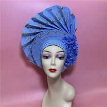 Load image into Gallery viewer, High Quality African Sego Gele Headtie Nigerian Headwear With Stone Beads Finished Auto Turban Wide Brim Headwear For Women 2368