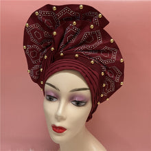 Load image into Gallery viewer, High Quality African Sego Gele Headtie Nigerian Headwear With Stone Beads Finished Auto Turban Wide Brim Headwear For Women 2368