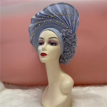 Load image into Gallery viewer, High Quality African Sego Gele Headtie Nigerian Headwear With Stone Beads Finished Auto Turban Wide Brim Headwear For Women 2368