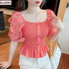 Load image into Gallery viewer, Summer Puff Sleeve Corset Tops Women 2022 Fashion Short Sleeve Casual White Black Blouses Sexy Slim Hollow Out Blusas Mujer Y2k
