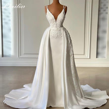Load image into Gallery viewer, Lhuilier Elegant V Neck Mermaid Satin Wedding Dresses Sleeveless Floor Length Beaded Bridal Gowns with Detachable Train