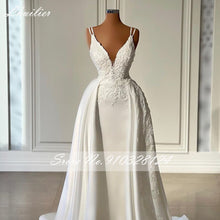 Load image into Gallery viewer, Lhuilier Elegant V Neck Mermaid Satin Wedding Dresses Sleeveless Floor Length Beaded Bridal Gowns with Detachable Train