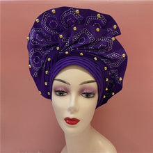 Load image into Gallery viewer, High Quality African Sego Gele Headtie Nigerian Headwear With Stone Beads Finished Auto Turban Wide Brim Headwear For Women 2368