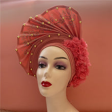 Load image into Gallery viewer, High Quality African Sego Gele Headtie Nigerian Headwear With Stone Beads Finished Auto Turban Wide Brim Headwear For Women 2368