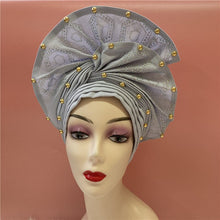 Load image into Gallery viewer, High Quality African Sego Gele Headtie Nigerian Headwear With Stone Beads Finished Auto Turban Wide Brim Headwear For Women 2368