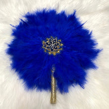 Load image into Gallery viewer, 1pcs African Turkey Feather Hand Fan Feathers Handfan for Dance Wedding Decoration Fan with Stones One-Sided Blue Fan-AF30