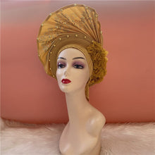 Load image into Gallery viewer, High Quality African Sego Gele Headtie Nigerian Headwear With Stone Beads Finished Auto Turban Wide Brim Headwear For Women 2368