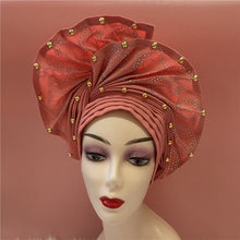 Load image into Gallery viewer, High Quality African Sego Gele Headtie Nigerian Headwear With Stone Beads Finished Auto Turban Wide Brim Headwear For Women 2368