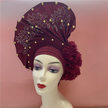 Load image into Gallery viewer, High Quality African Sego Gele Headtie Nigerian Headwear With Stone Beads Finished Auto Turban Wide Brim Headwear For Women 2368