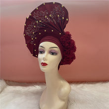 Load image into Gallery viewer, High Quality African Sego Gele Headtie Nigerian Headwear With Stone Beads Finished Auto Turban Wide Brim Headwear For Women 2368