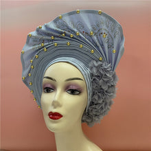 Load image into Gallery viewer, High Quality African Sego Gele Headtie Nigerian Headwear With Stone Beads Finished Auto Turban Wide Brim Headwear For Women 2368