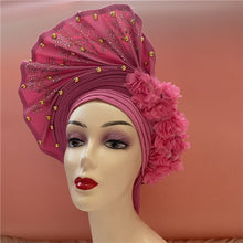 Load image into Gallery viewer, High Quality African Sego Gele Headtie Nigerian Headwear With Stone Beads Finished Auto Turban Wide Brim Headwear For Women 2368