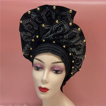 Load image into Gallery viewer, High Quality African Sego Gele Headtie Nigerian Headwear With Stone Beads Finished Auto Turban Wide Brim Headwear For Women 2368