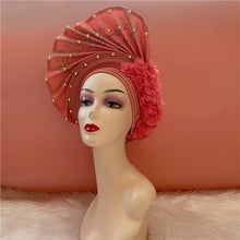 Load image into Gallery viewer, High Quality African Sego Gele Headtie Nigerian Headwear With Stone Beads Finished Auto Turban Wide Brim Headwear For Women 2368