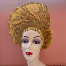 Load image into Gallery viewer, High Quality African Sego Gele Headtie Nigerian Headwear With Stone Beads Finished Auto Turban Wide Brim Headwear For Women 2368