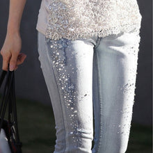 Load image into Gallery viewer, 2023 New Korean Fashion Rhinestone Pants Woman Diamond Drilled Hole Jeans Woman Pencil Pants Women Jeans Ripped Denim Trousers