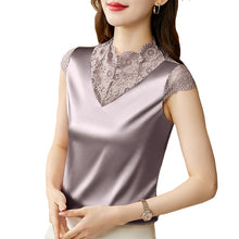Load image into Gallery viewer, M-4XL Elegant Short sleeve Lace Shirt Fashion Patchwork Silk Satin Tank Top Summer Casual Women Blouse