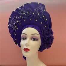 Load image into Gallery viewer, High Quality African Sego Gele Headtie Nigerian Headwear With Stone Beads Finished Auto Turban Wide Brim Headwear For Women 2368