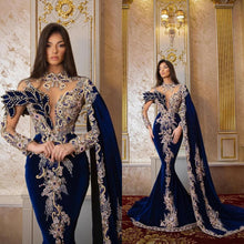 Load image into Gallery viewer, Dubai Luxurious Crystals Mermaid Evening Dresses High Neck Long Sleeves Prom Gowns Custom Made Beaded Appliques Party Dresses