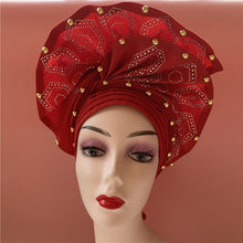 Load image into Gallery viewer, High Quality African Sego Gele Headtie Nigerian Headwear With Stone Beads Finished Auto Turban Wide Brim Headwear For Women 2368