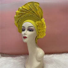 Load image into Gallery viewer, High Quality African Sego Gele Headtie Nigerian Headwear With Stone Beads Finished Auto Turban Wide Brim Headwear For Women 2368