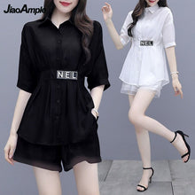 Load image into Gallery viewer, 2022 Summer New Casual Shirt Top + Mid-length Wide-leg Shorts Two-piece Women's Korean Elegant Blouse Pants Suit Female Clothing