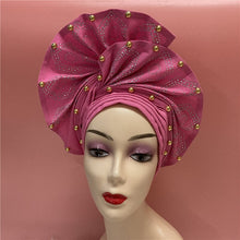 Load image into Gallery viewer, High Quality African Sego Gele Headtie Nigerian Headwear With Stone Beads Finished Auto Turban Wide Brim Headwear For Women 2368