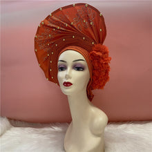 Load image into Gallery viewer, High Quality African Sego Gele Headtie Nigerian Headwear With Stone Beads Finished Auto Turban Wide Brim Headwear For Women 2368