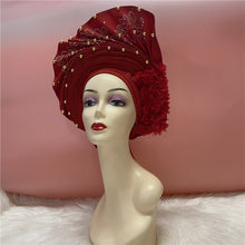 Load image into Gallery viewer, High Quality African Sego Gele Headtie Nigerian Headwear With Stone Beads Finished Auto Turban Wide Brim Headwear For Women 2368