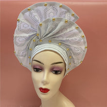 Load image into Gallery viewer, High Quality African Sego Gele Headtie Nigerian Headwear With Stone Beads Finished Auto Turban Wide Brim Headwear For Women 2368
