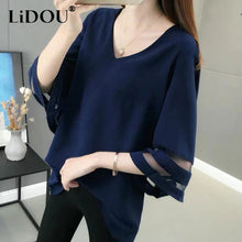 Load image into Gallery viewer, 2022 Summer Solid V-neck Mesh Patchwork Loose Casual Shirt Top Women Half Sleeve Oversized Fashion Blusa Simple Pullover Blouse
