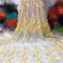 Load image into Gallery viewer, White Lace 3D Flower Lace Fabric Embroidered French Lace Fabric Beautiful African French Net tulle Lace Fabric With Beads Stones